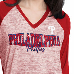 Philadelphia Phillies G-III 4Her by Carl Banks Women's Speed Training 3/4-Sleeve Rhinestone V-Neck T-Shirt | MLB New
