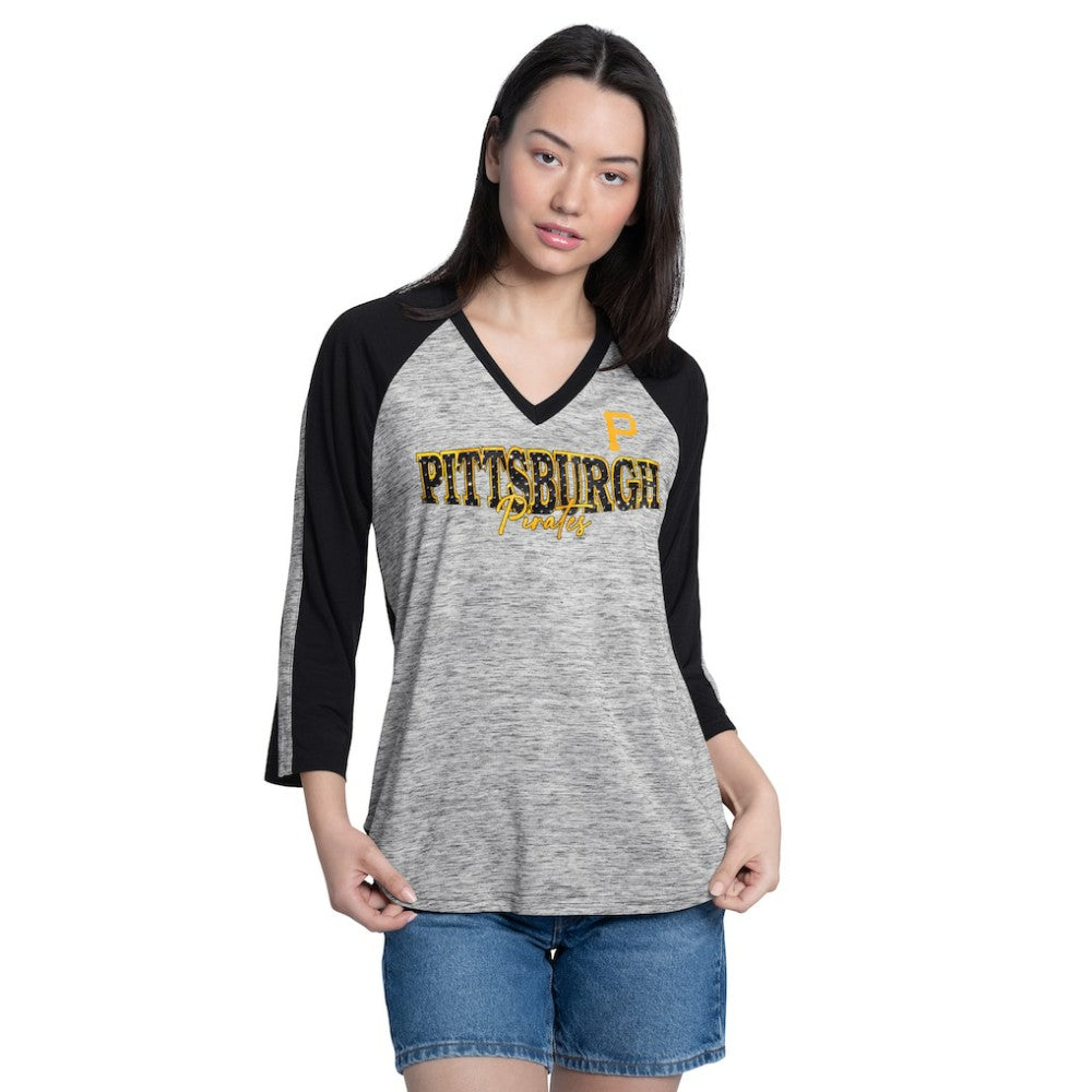 Pittsburgh Pirates G-III 4Her by Carl Banks Women's Speed Training 3/4-Sleeve Rhinestone V-Neck T-Shirt | MLB US
