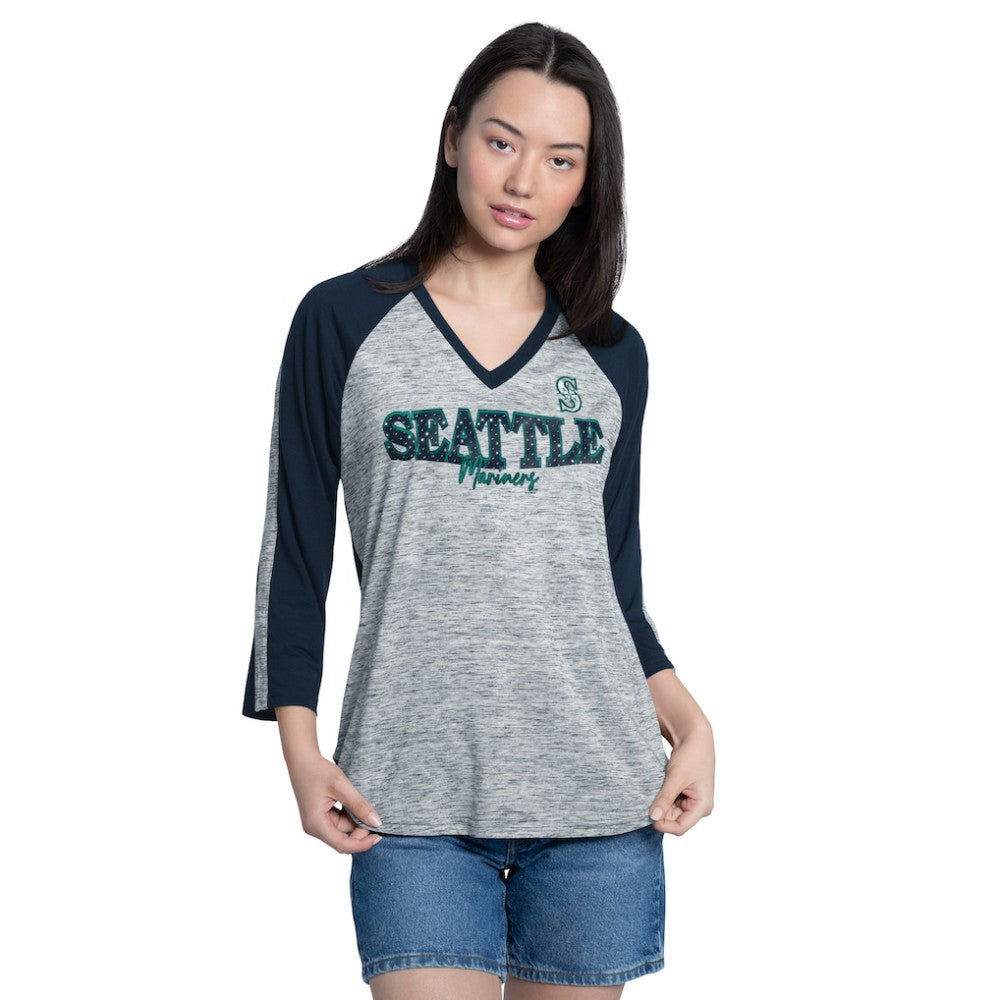 Seattle Mariners G-III 4Her by Carl Banks Women's Speed Training 3/4-Sleeve Rhinestone V-Neck T-Shirt | MLB On Sale