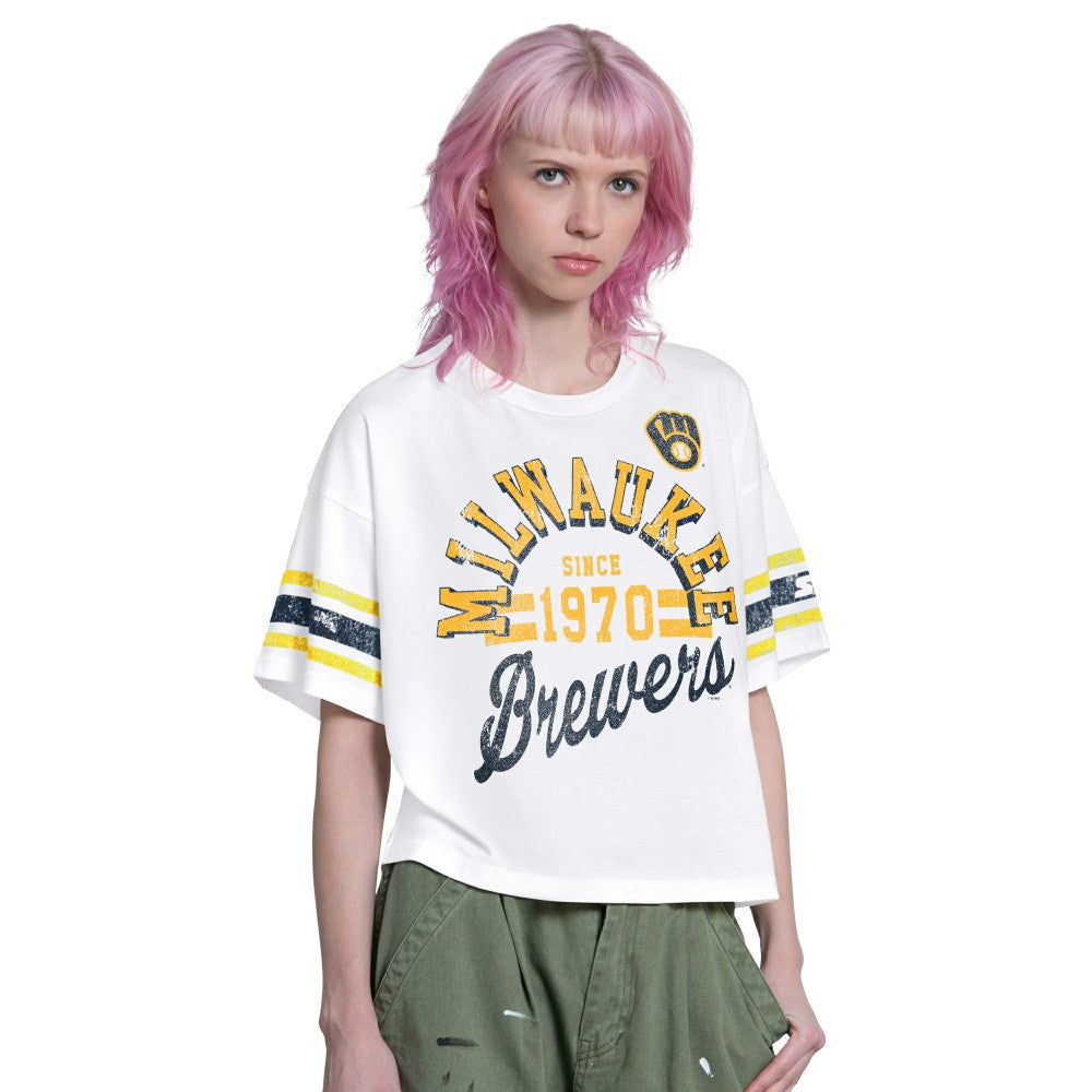 Milwaukee Brewers Starter Women's Cropped Hurry Up Offense T-Shirt | MLB Discount