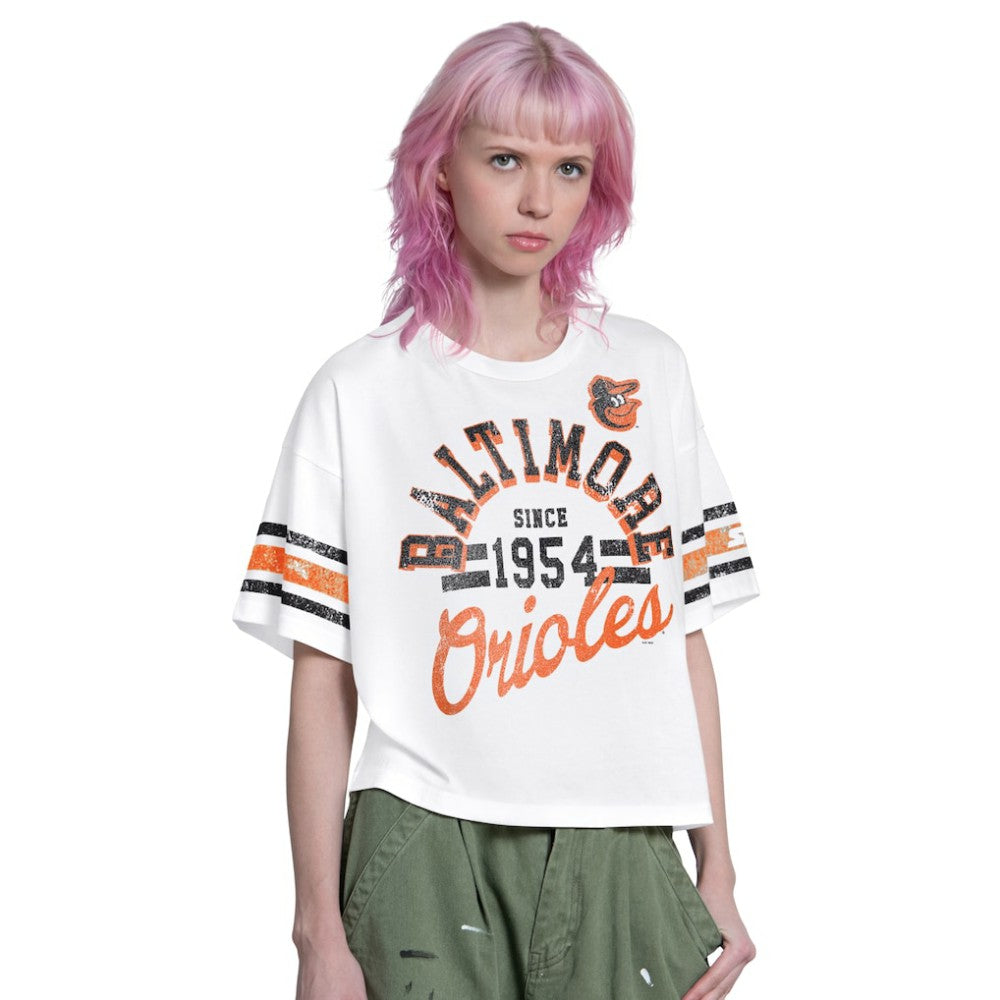 Baltimore Orioles Starter Women's Cropped Hurry Up Offense T-Shirt | MLB Outlet