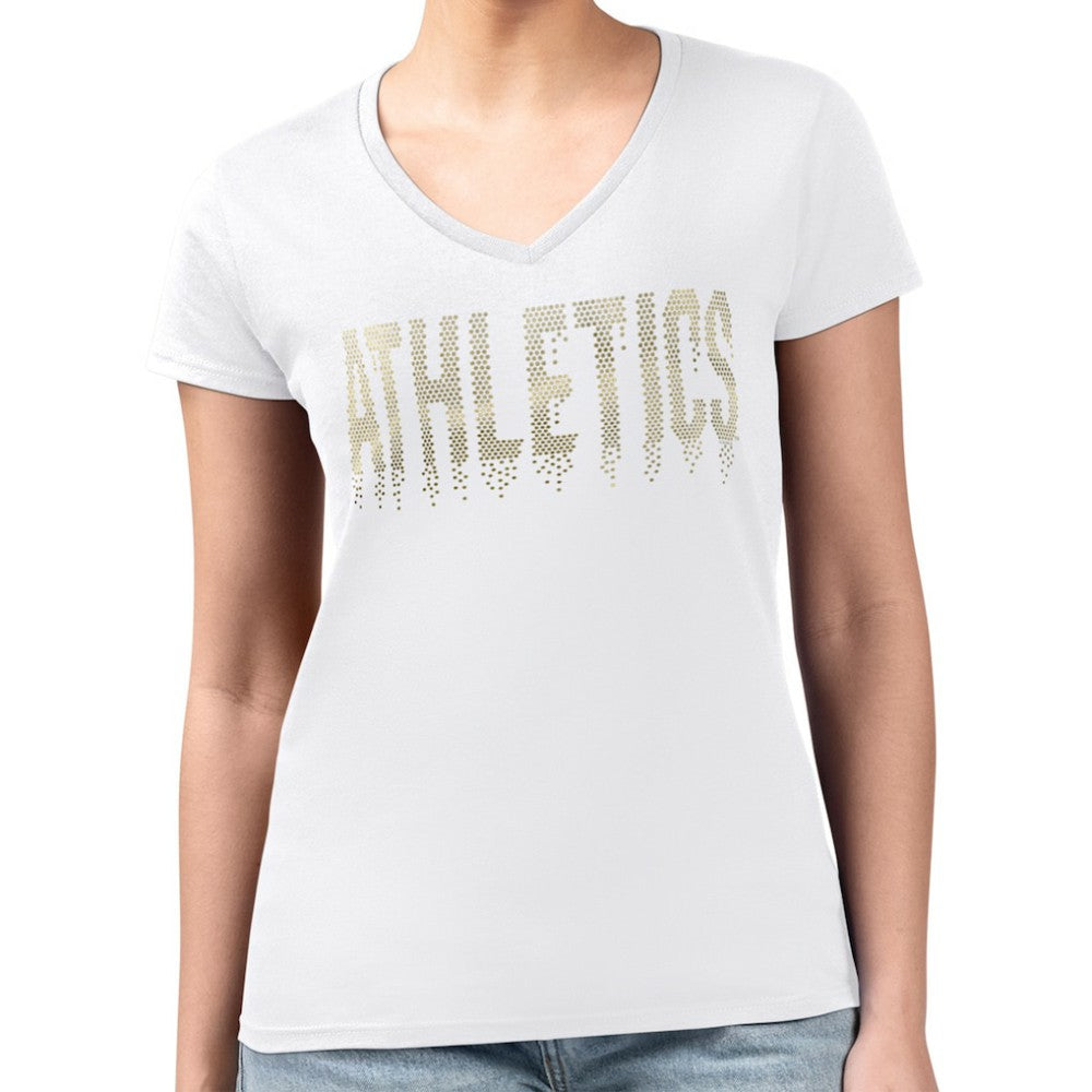 Athletics G-III 4Her by Carl Banks Women's Metallic Drop Lightweight V-Neck T-Shirt | MLB US