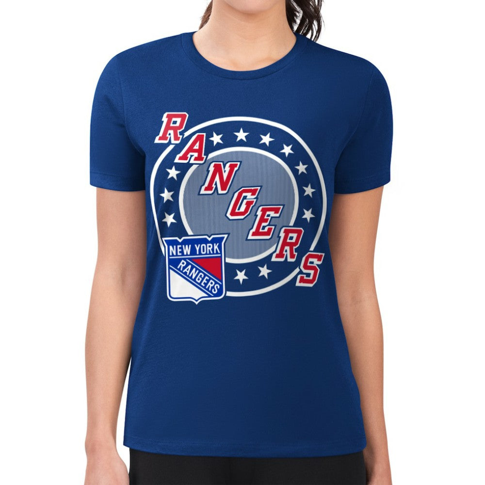 New York Rangers G-III 4Her by Carl Banks Women's Super-Slim Lightweight Pinstripe Circle Graphic T-Shirt For Sale
