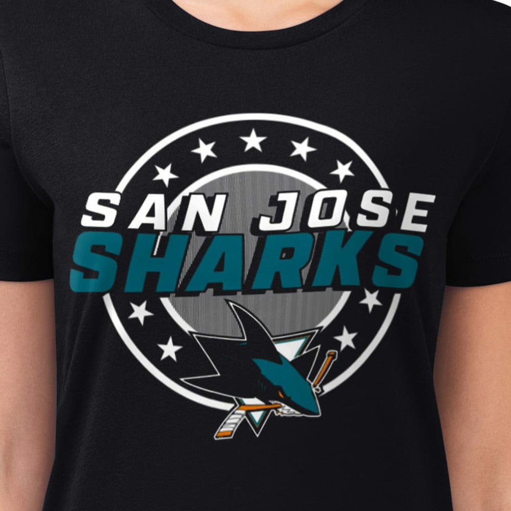 San Jose Sharks G-III 4Her by Carl Banks Women's Super-Slim Lightweight Pinstripe Circle Graphic T-Shirt For Sale