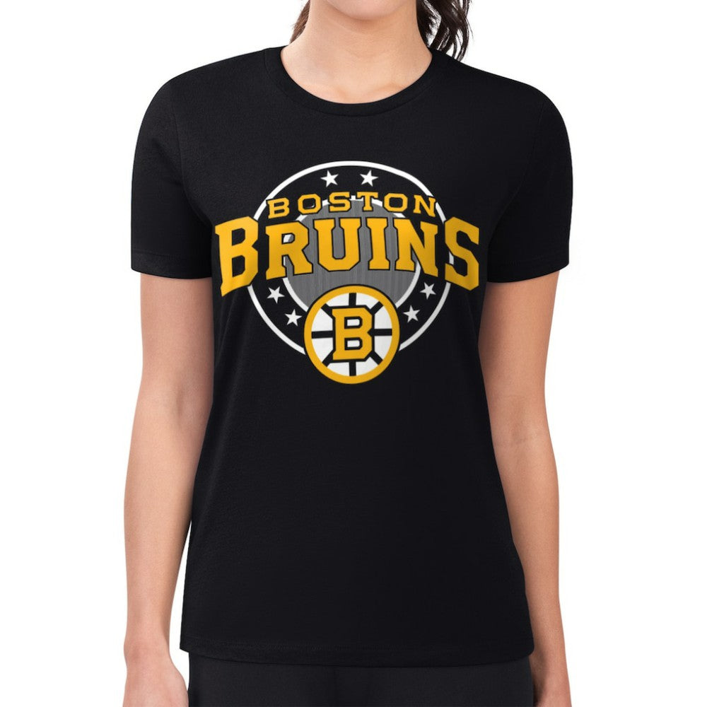 Boston Bruins G-III 4Her by Carl Banks Women's Super-Slim Lightweight Pinstripe Circle Graphic T-Shirt For Sale