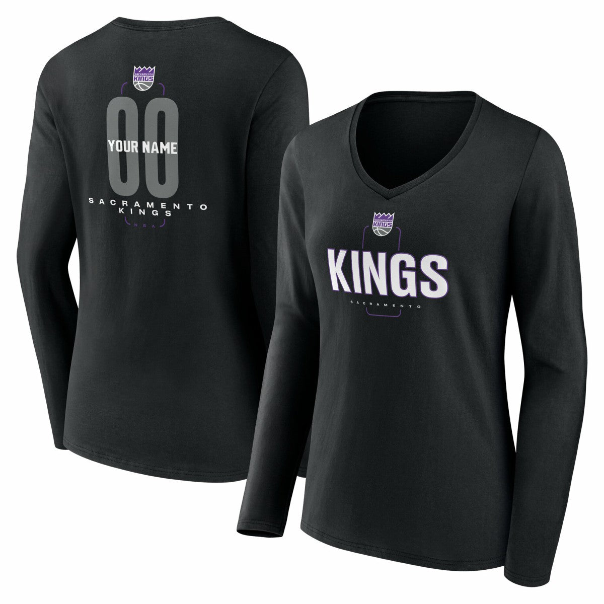 Sacramento Kings Women's Center Court Name & Number Custom Long Sleeve V-Neck T-Shirt Online