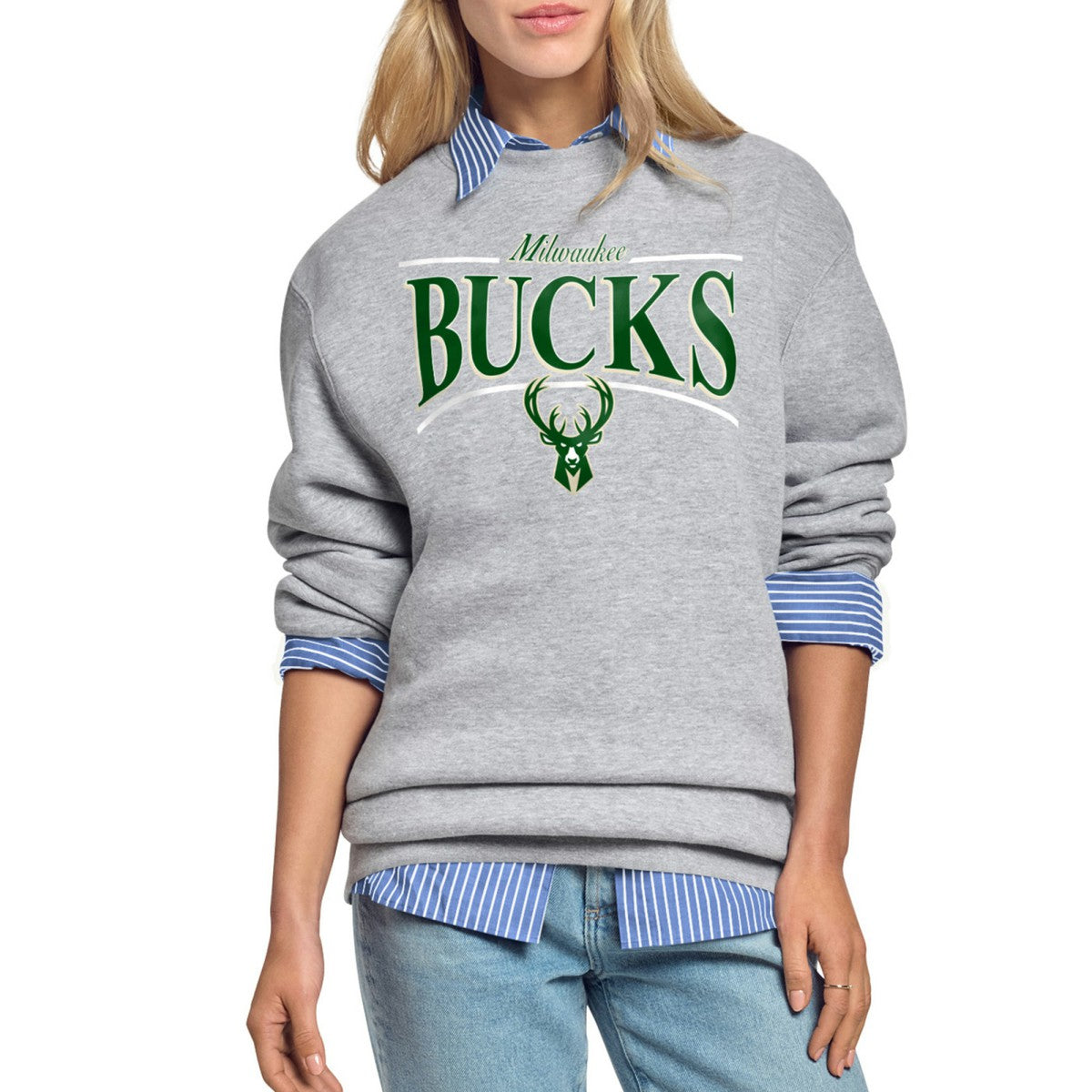 Milwaukee Bucks Starter Women's Arch Stripe Fleece Crewneck Sweatshirt On Sale