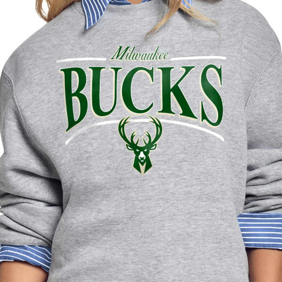Milwaukee Bucks Starter Women's Arch Stripe Fleece Crewneck Sweatshirt On Sale