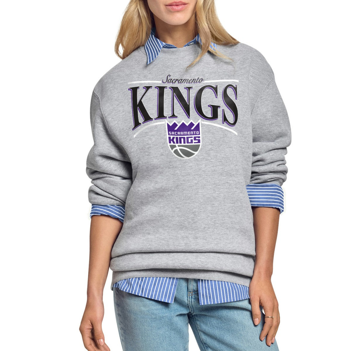 Sacramento Kings Starter Women's Arch Stripe Fleece Crewneck Sweatshirt Online