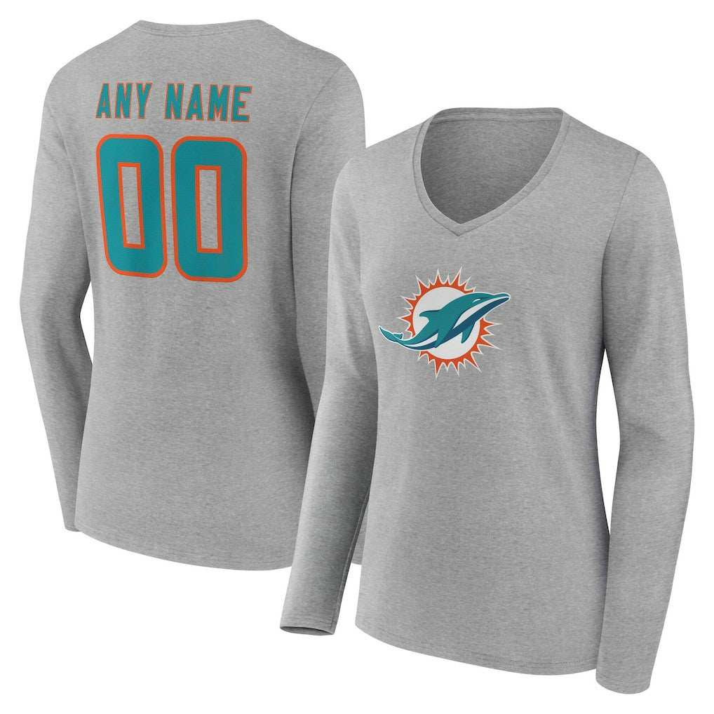 Miami Dolphins  Women's Team Authentic Personalized Name & Number Long Sleeve V-Neck T-Shirt