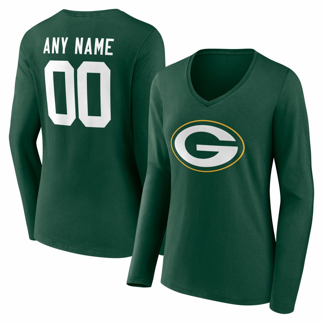 Green Bay Packers  Women's Team Authentic Personalized Name & Number Long Sleeve V-Neck T-Shirt