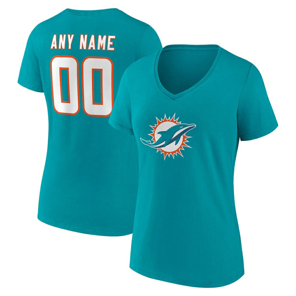 Miami Dolphins  Women's Team Authentic Personalized Name & Number V-Neck T-Shirt