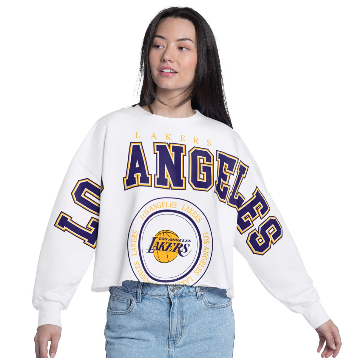 Los Angeles Lakers G-III 4Her by Carl Banks Women's Bleachers Cropped French Terry Sweatshirt New