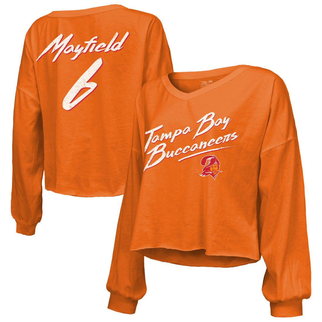 Tampa Bay Buccaneers  Baker Mayfield  Majestic Threads Women's Off-Shoulder Script Name & Number V-Neck T-Shirt