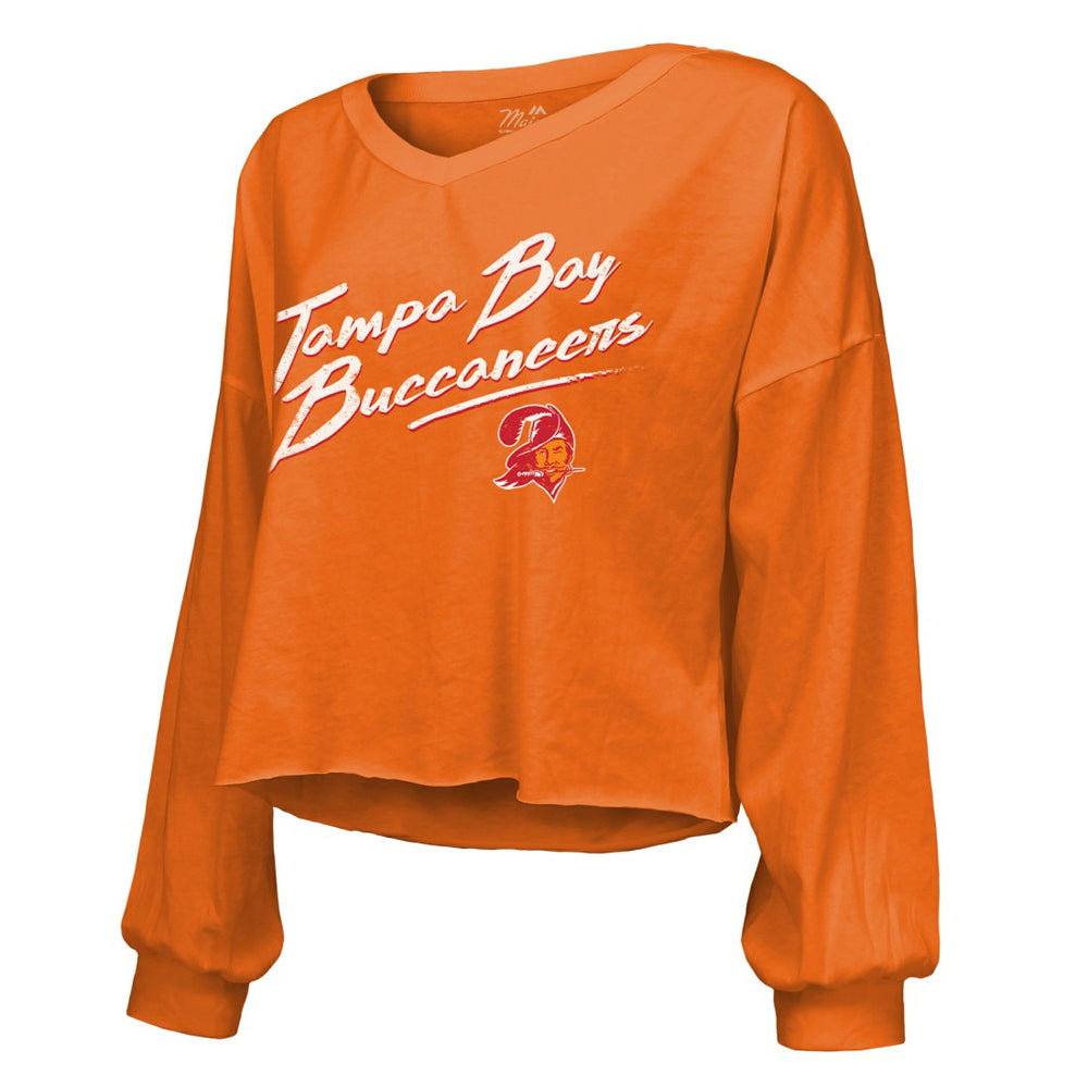 Tampa Bay Buccaneers  Baker Mayfield  Majestic Threads Women's Off-Shoulder Script Name & Number V-Neck T-Shirt