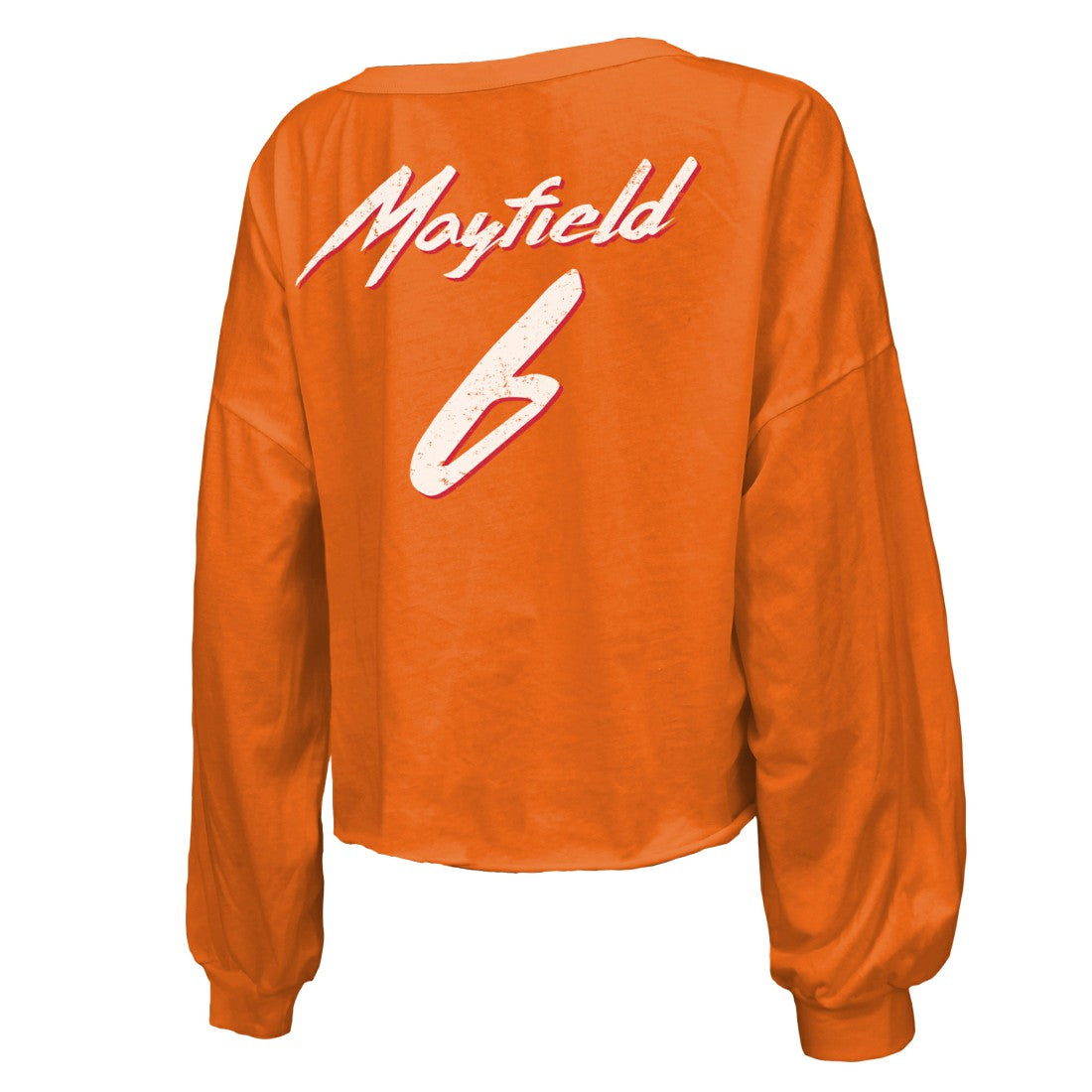 Tampa Bay Buccaneers  Baker Mayfield  Majestic Threads Women's Off-Shoulder Script Name & Number V-Neck T-Shirt