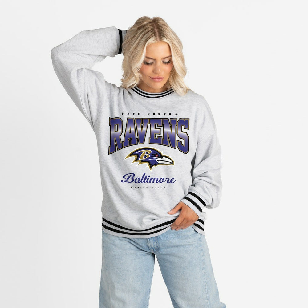 Baltimore Ravens  Gameday Couture Women's Oversized Gridiron Drive Ringer Stripe Sweatshirt