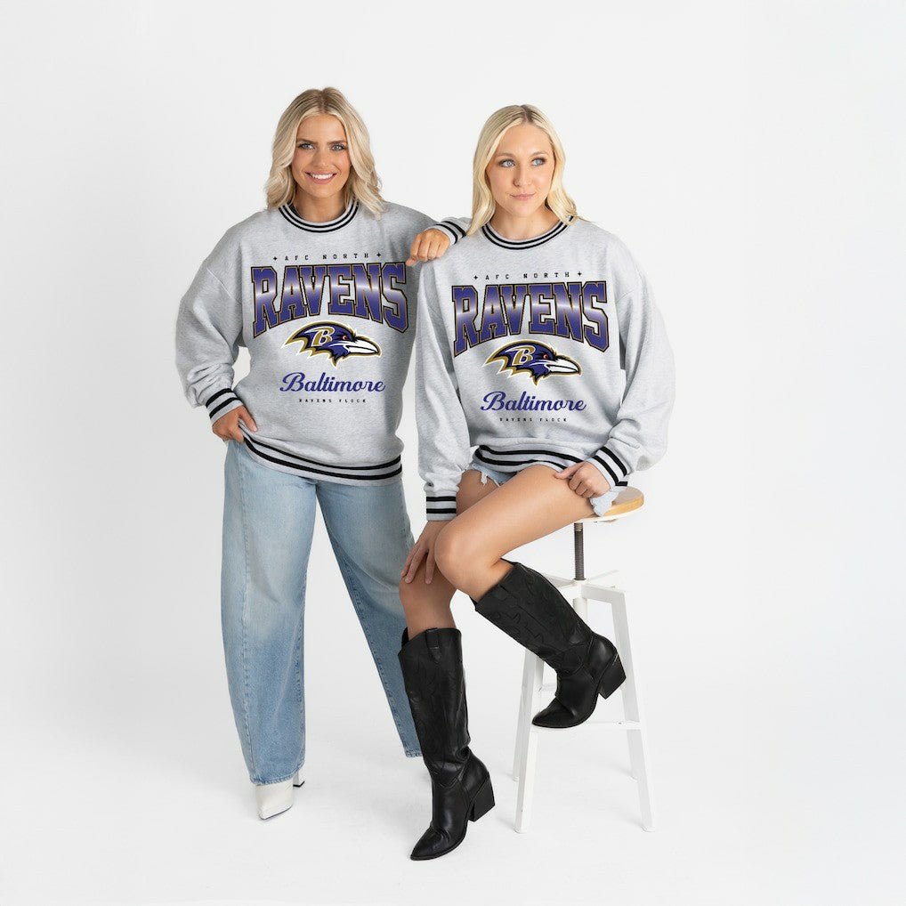 Baltimore Ravens  Gameday Couture Women's Oversized Gridiron Drive Ringer Stripe Sweatshirt