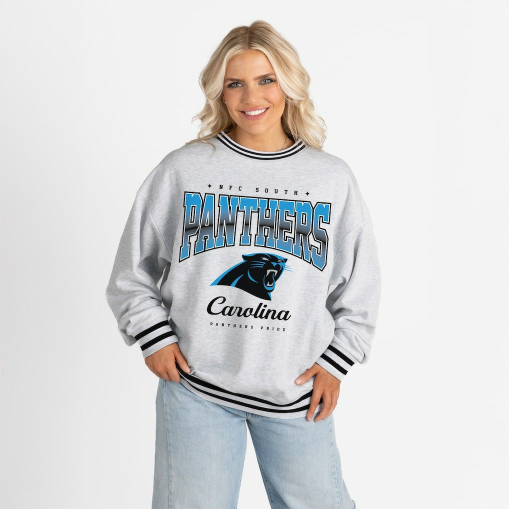 Carolina Panthers  Gameday Couture Women's Oversized Gridiron Drive Ringer Stripe Sweatshirt