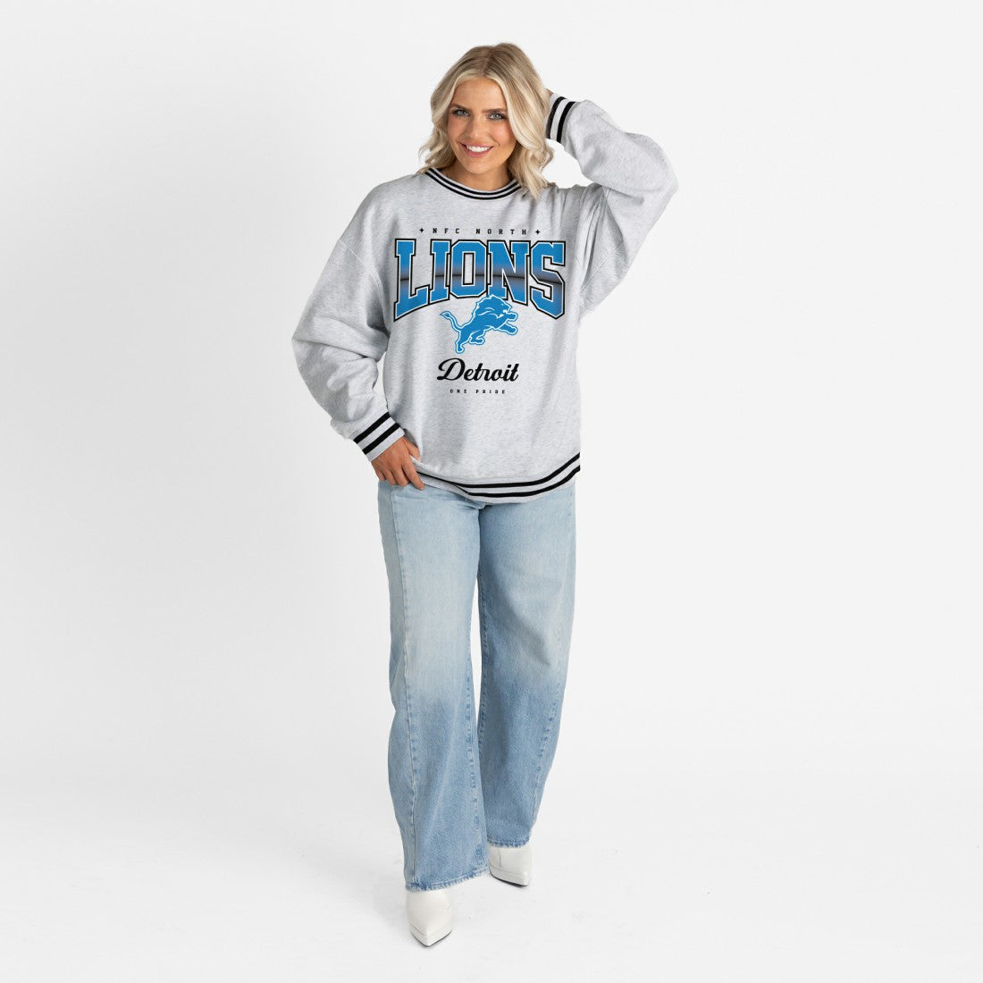 Detroit Lions  Gameday Couture Women's Oversized Gridiron Drive Ringer Stripe Sweatshirt