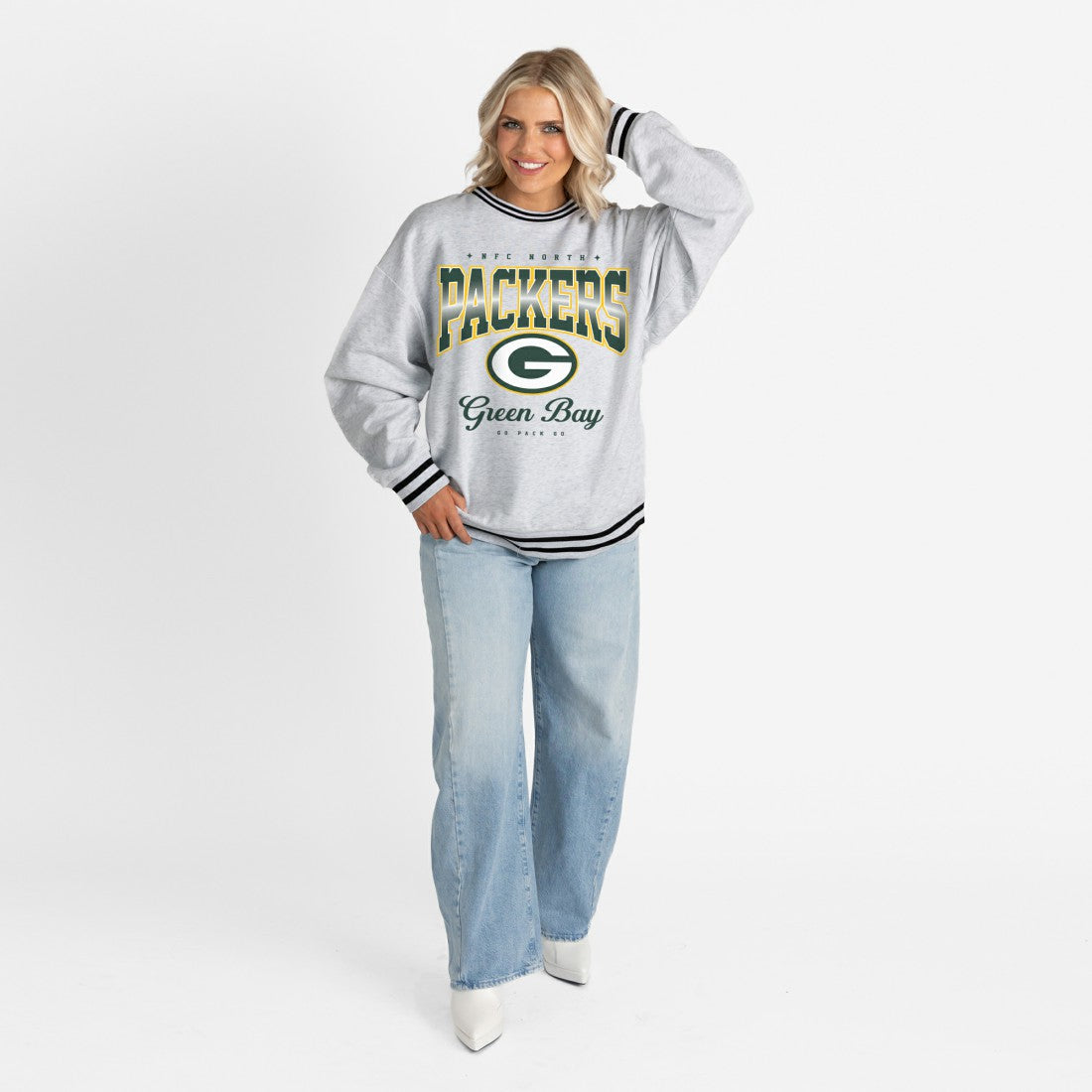 Green Bay Packers  Gameday Couture Women's Oversized Gridiron Drive Ringer Stripe Sweatshirt