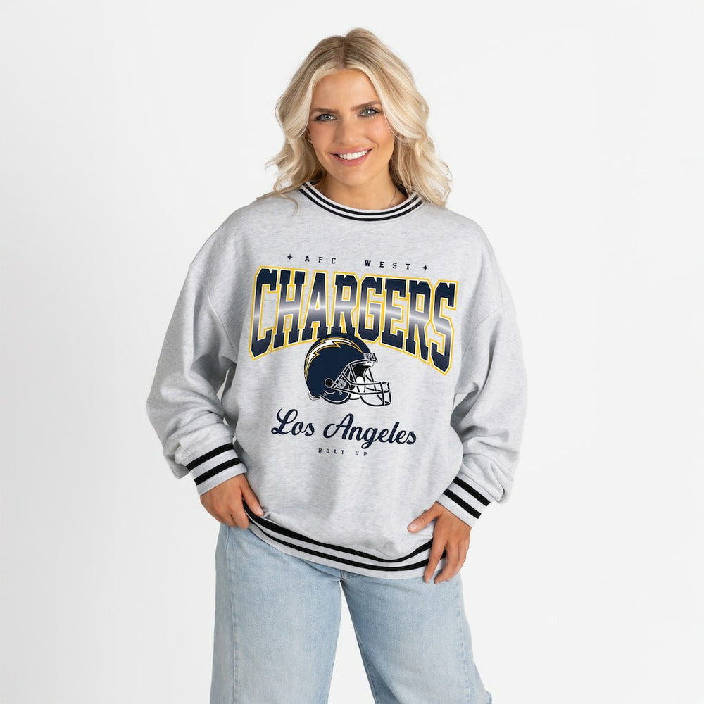 Los Angeles Chargers  Gameday Couture Women's Oversized Gridiron Drive Ringer Stripe Sweatshirt
