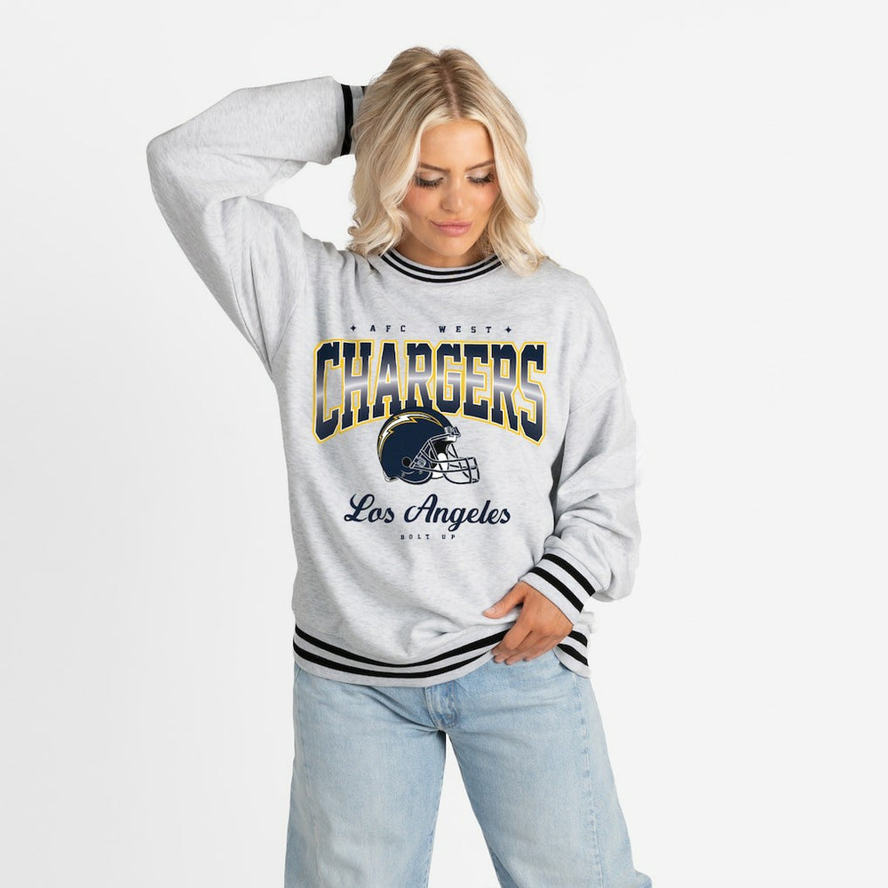 Los Angeles Chargers  Gameday Couture Women's Oversized Gridiron Drive Ringer Stripe Sweatshirt