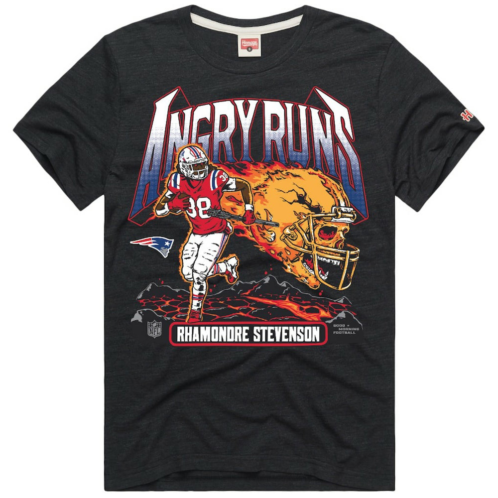 New England Patriots  Rhamondre Stevenson  Homage Unisex Angry Runs Player Graphic Tri-Blend T-Shirt