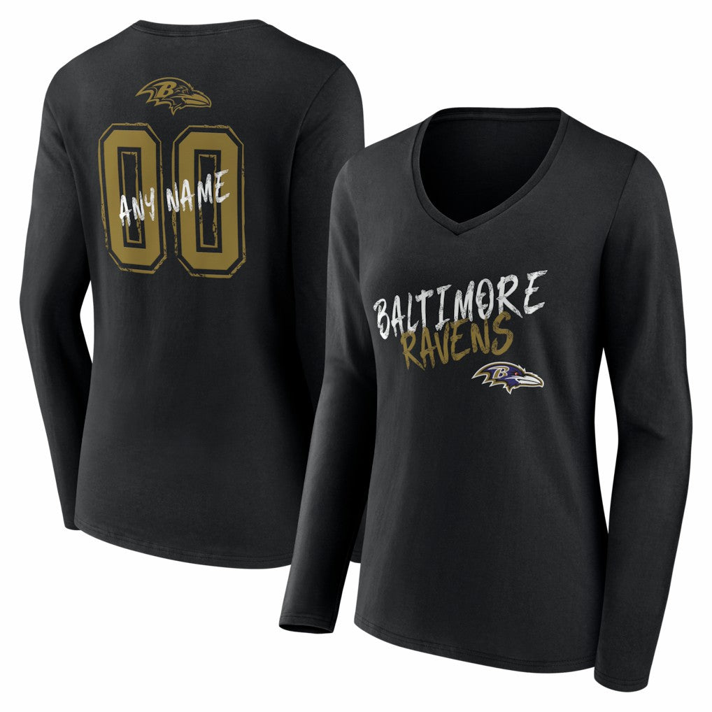 Baltimore Ravens  Women's Hustle Personalized Name & Number Long Sleeve V-Neck T-Shirt