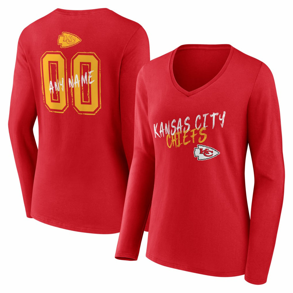 Kansas City Chiefs  Women's Hustle Personalized Name & Number Long Sleeve V-Neck T-Shirt
