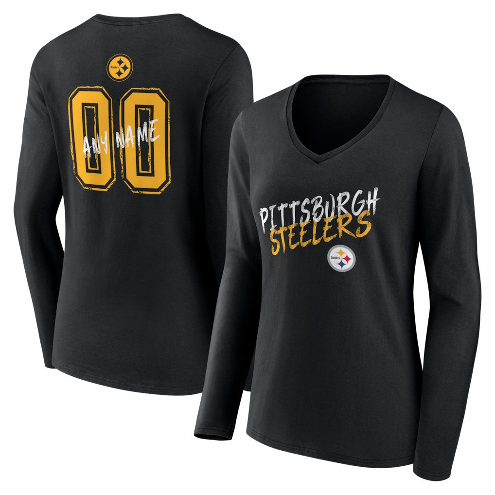 Pittsburgh Steelers  Women's Hustle Personalized Name & Number Long Sleeve V-Neck T-Shirt