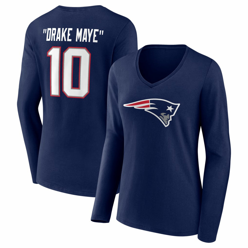 New England Patriots  Drake Maye  Women's Nickname V-Neck Long Sleeve T-Shirt