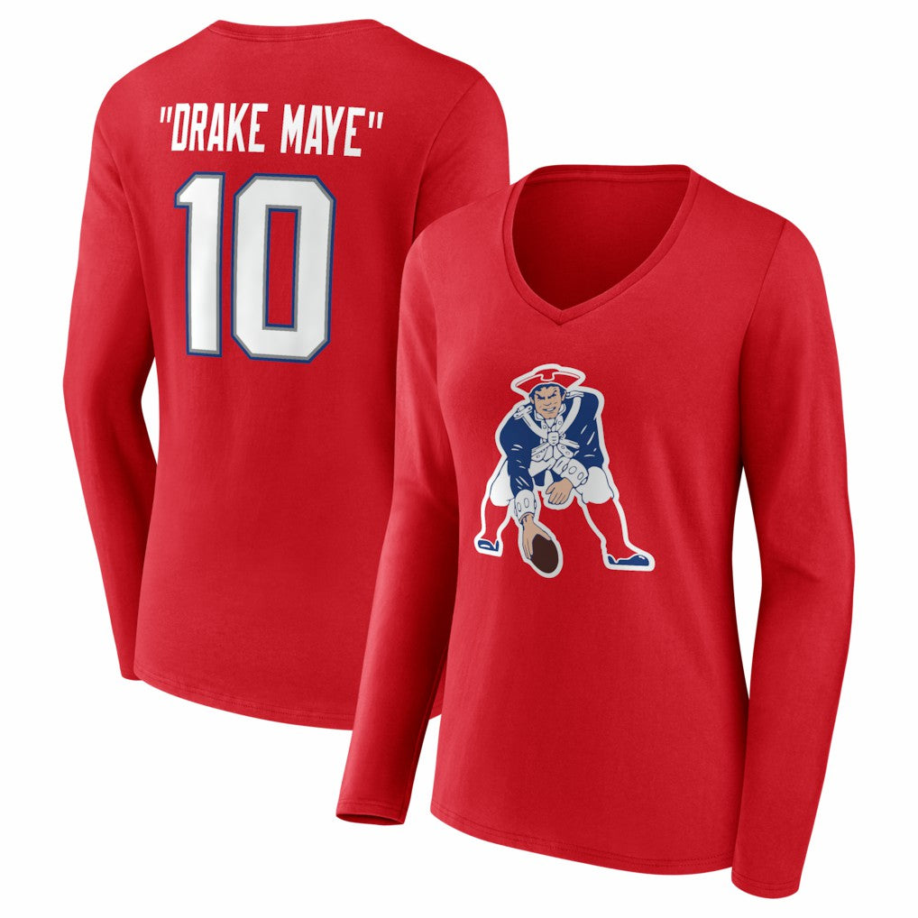 New England Patriots  Drake Maye  Women's Nickname V-Neck Long Sleeve T-Shirt