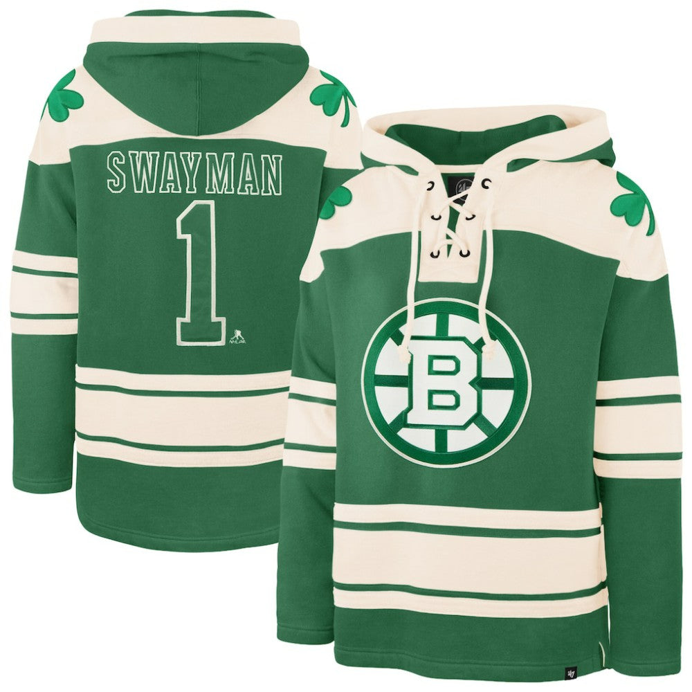 Jeremy Swayman Boston Bruins '47 St. Patrick's Day Player Name & Number Lacer Pullover Hoodie Discount