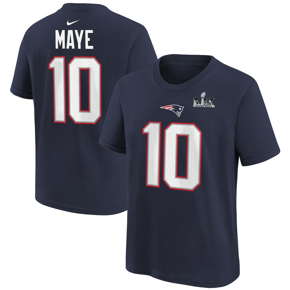 New England Patriots Nike Drake Maye  Youth Super Bowl LX Patch Name & Number T-Shirt