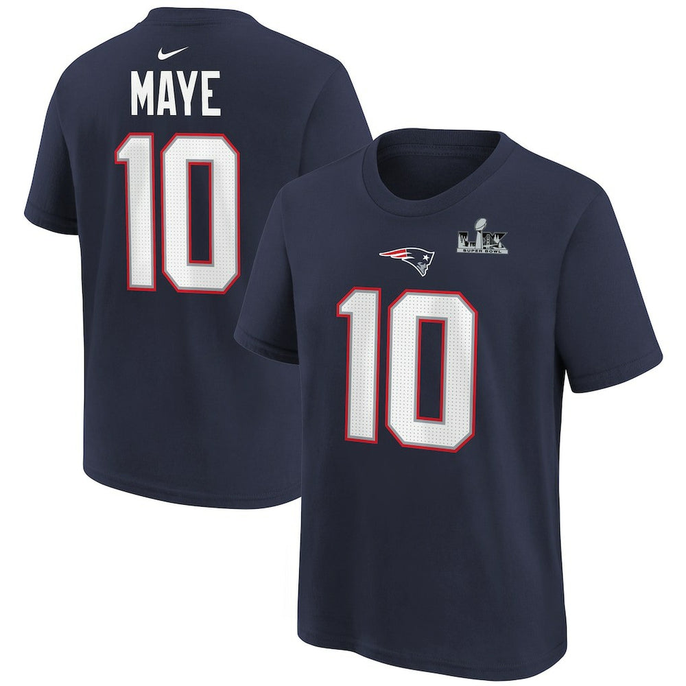 New England Patriots Nike Drake Maye  Youth Super Bowl LX Patch Name & Number T-Shirt
