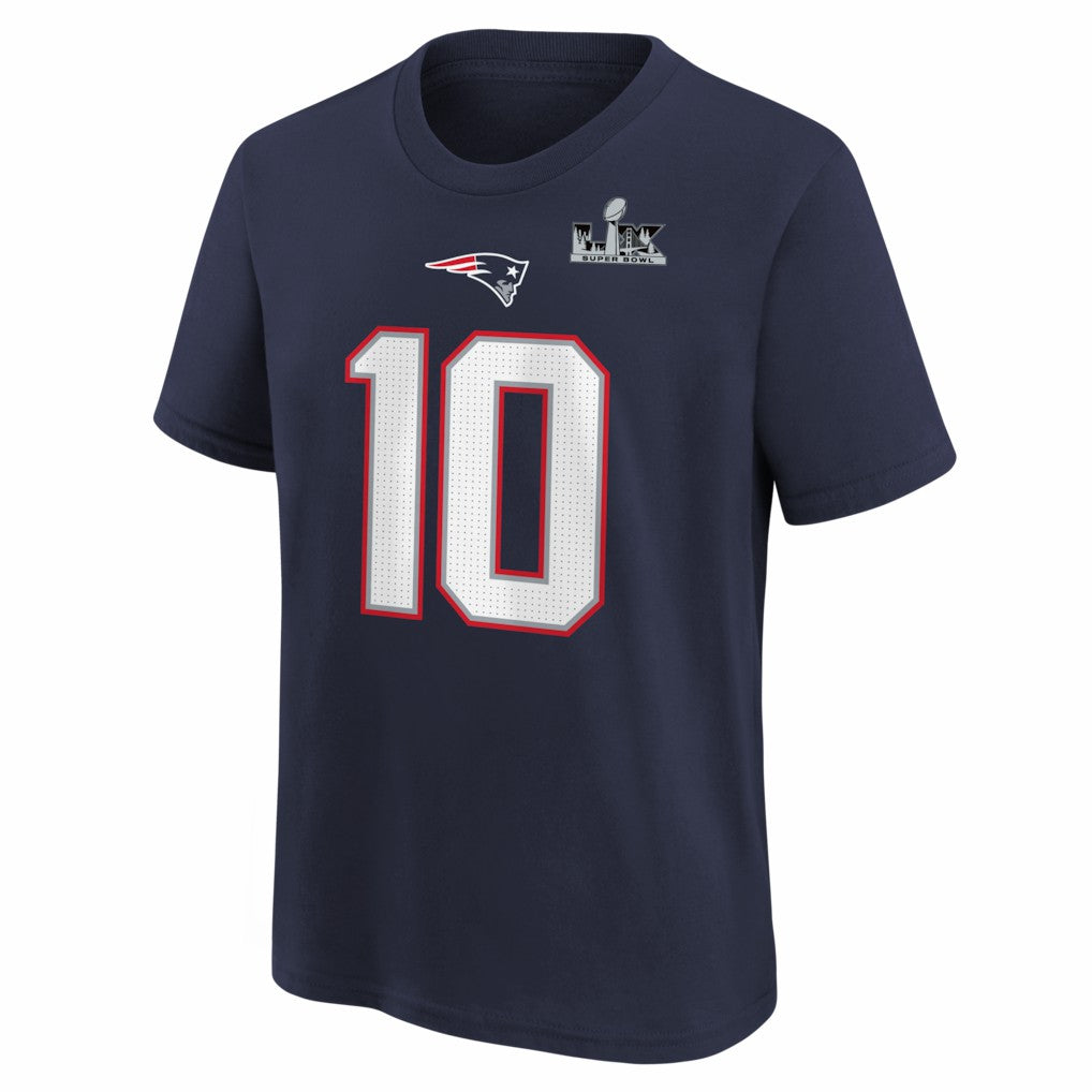 New England Patriots Nike Drake Maye  Youth Super Bowl LX Patch Name & Number T-Shirt