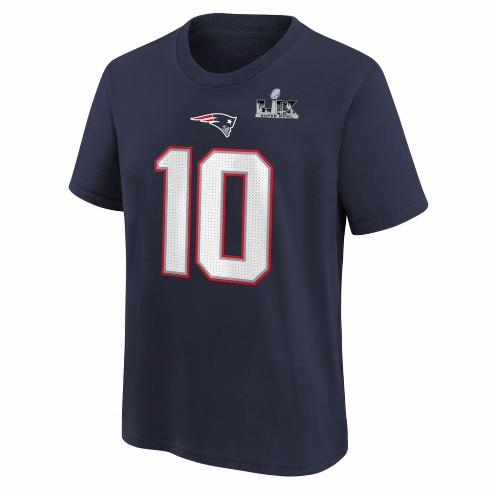New England Patriots Nike Drake Maye  Youth Super Bowl LX Patch Name & Number T-Shirt