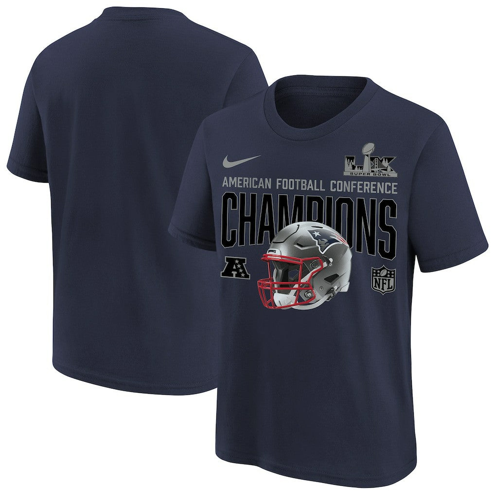 New England Patriots Nike Youth 2025 AFC Champions Glory Shield Helmet T-Shirt