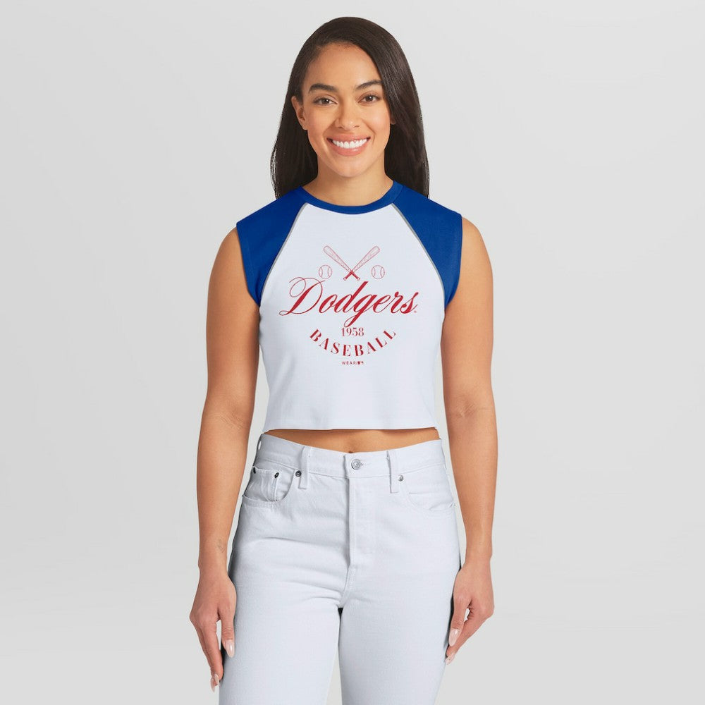 Los Angeles Dodgers WEAR by Erin Andrews Women's Cooperstown Cropped Raglan Tank Top | MLB New