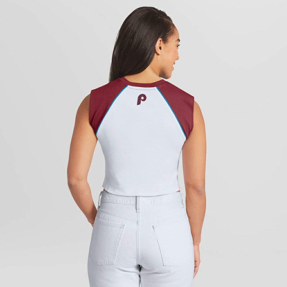 Philadelphia Phillies WEAR by Erin Andrews Women's Cooperstown Cropped Raglan Tank Top | MLB Discount
