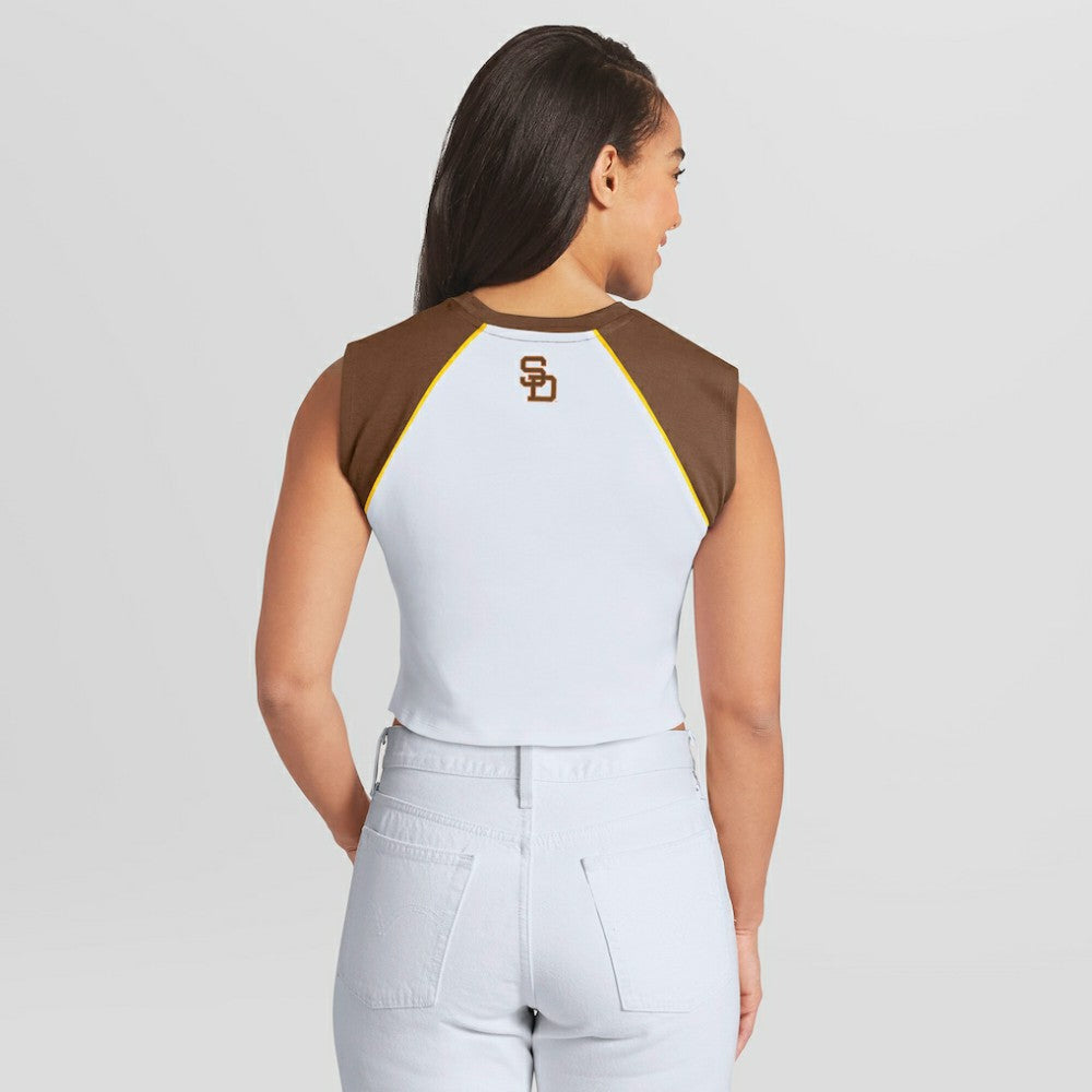 San Diego Padres WEAR by Erin Andrews Women's Cooperstown Cropped Raglan Tank Top | MLB US