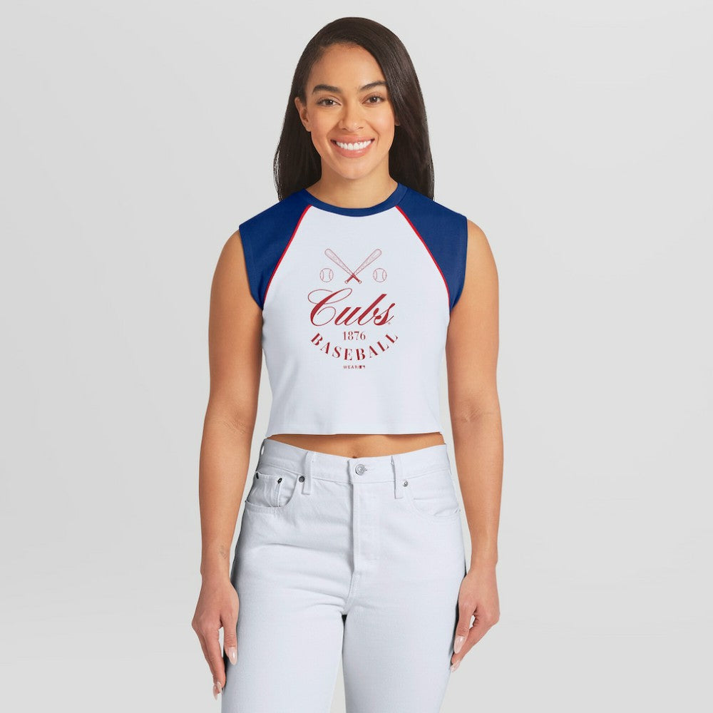 Chicago Cubs WEAR by Erin Andrews Women's Cooperstown Cropped Raglan Tank Top | MLB On Sale
