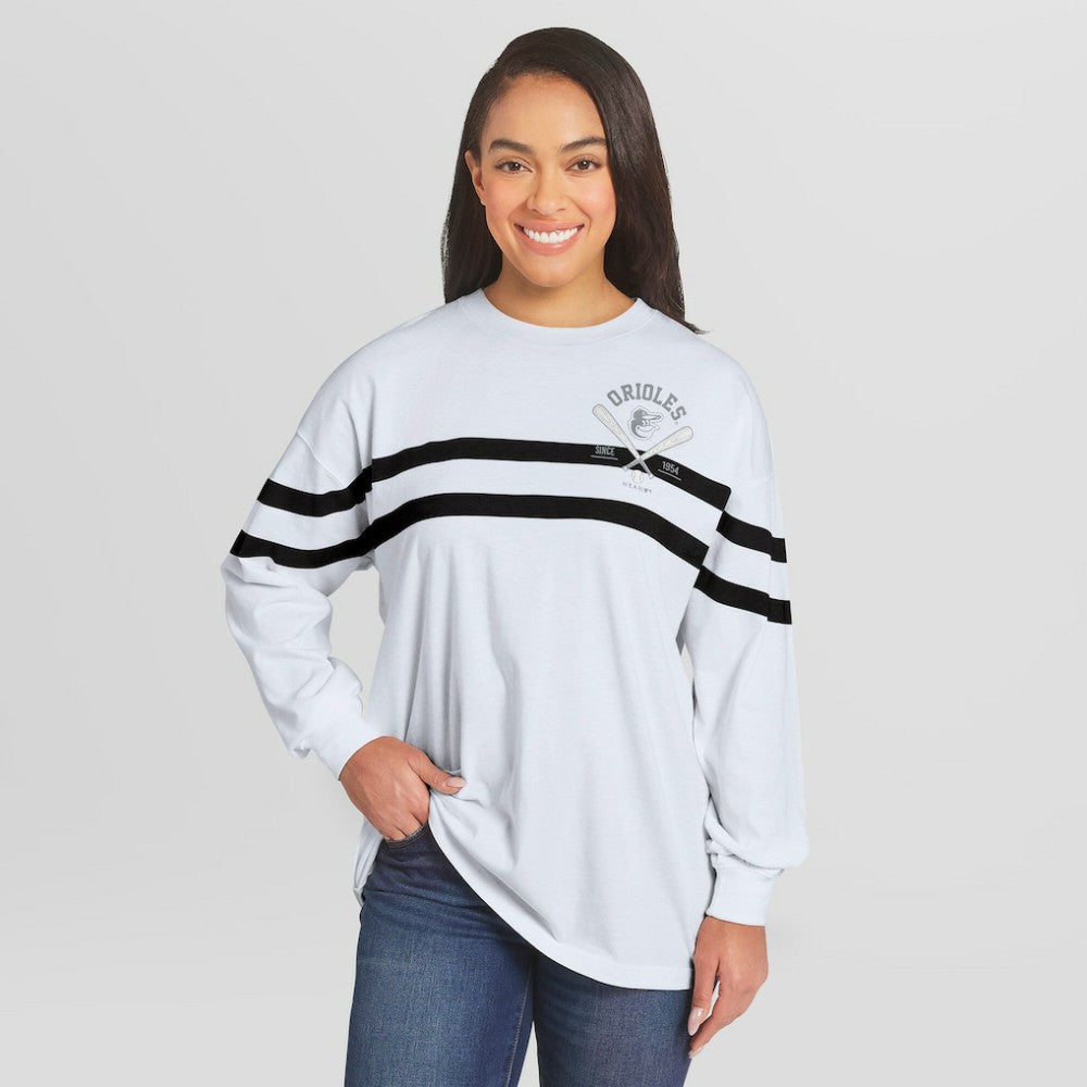 Baltimore Orioles WEAR by Erin Andrews Women's Oversized Long Sleeve Striped T-Shirt | MLB Discount