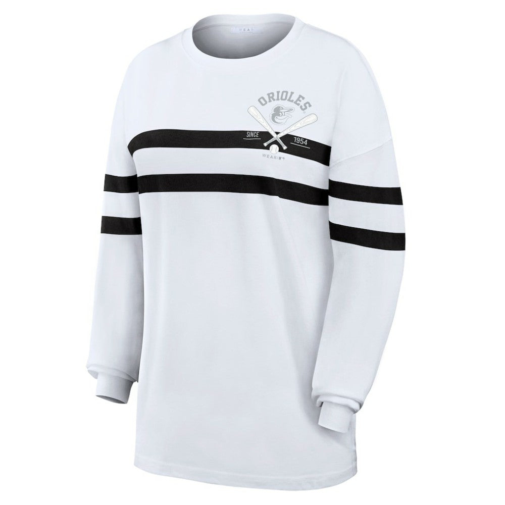 Baltimore Orioles WEAR by Erin Andrews Women's Oversized Long Sleeve Striped T-Shirt | MLB Discount