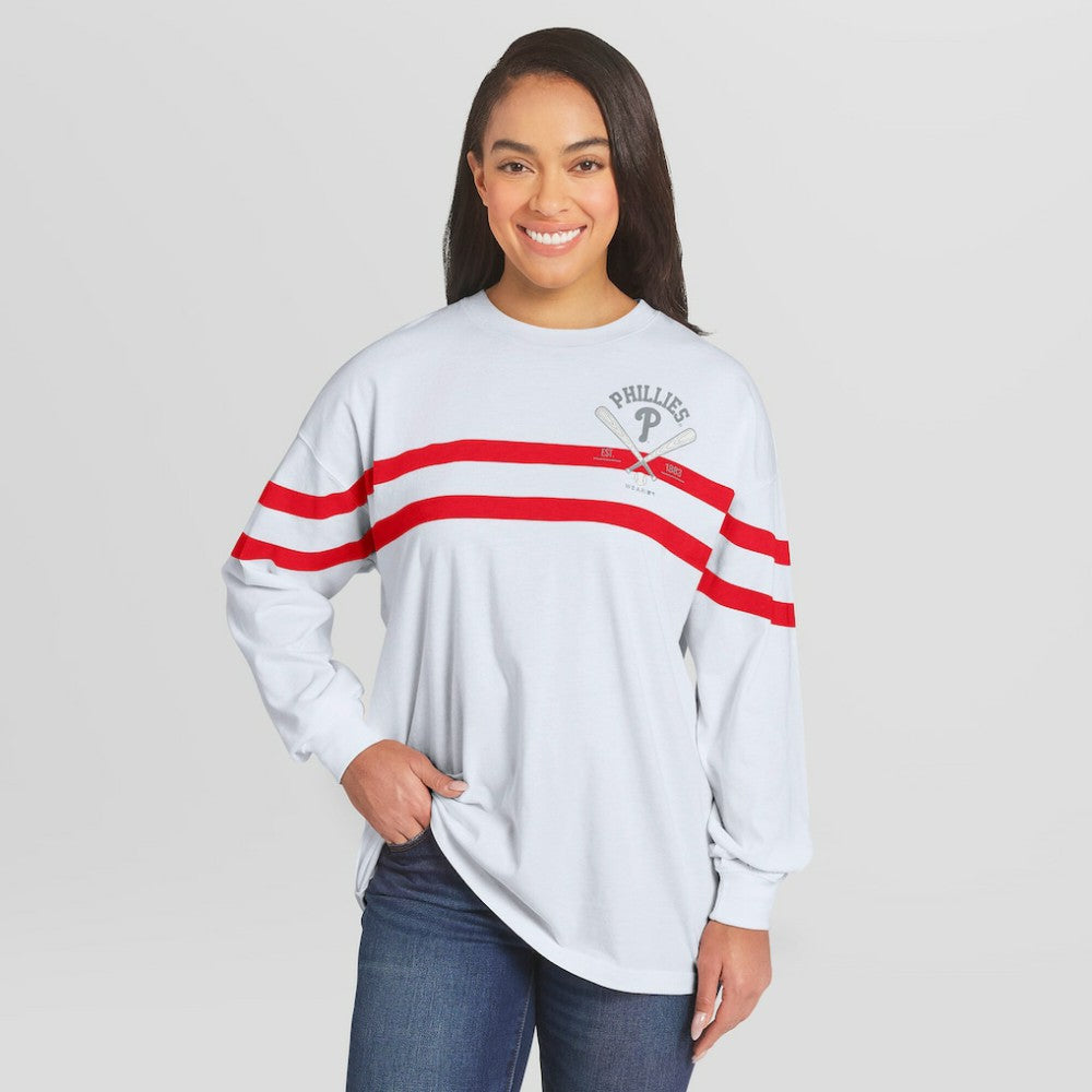 Philadelphia Phillies WEAR by Erin Andrews Women's Oversized Long Sleeve Striped T-Shirt | MLB New