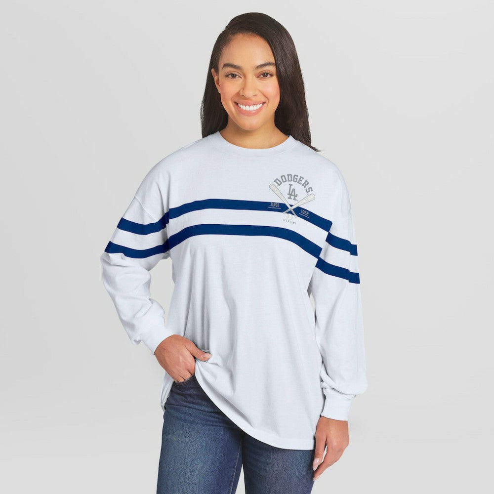 Los Angeles Dodgers WEAR by Erin Andrews Women's Oversized Long Sleeve Striped T-Shirt | MLB Sale