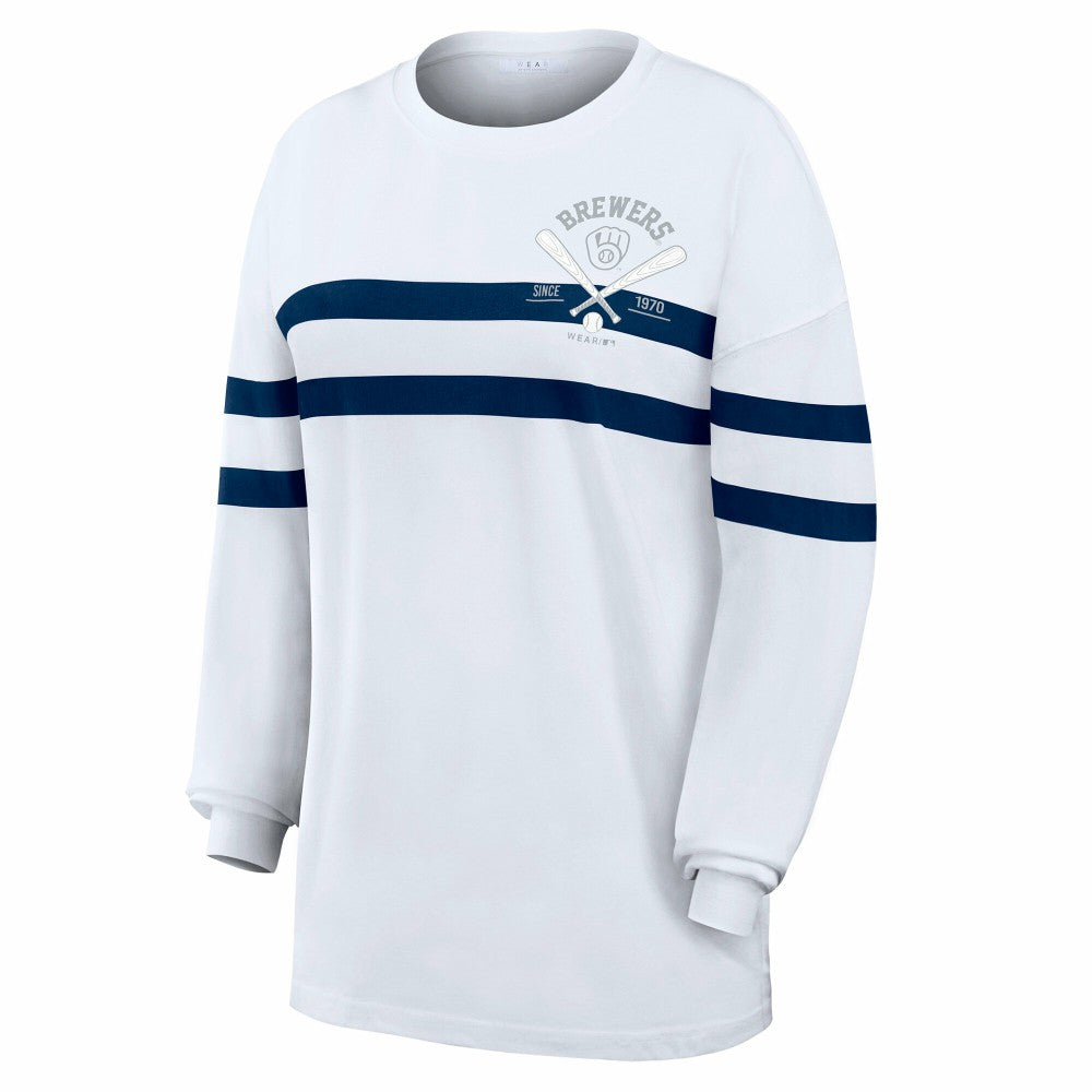 Milwaukee Brewers WEAR by Erin Andrews Women's Oversized Long Sleeve Striped T-Shirt | MLB Near me