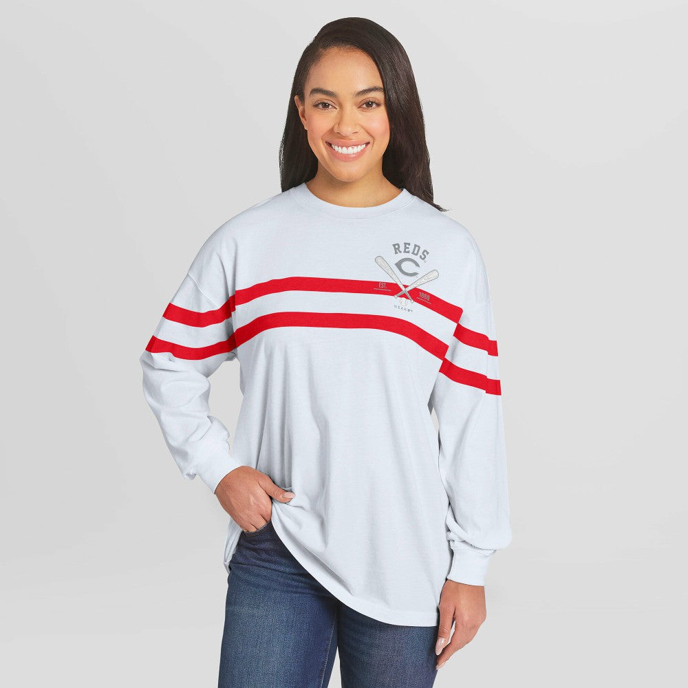 Cincinnati Reds WEAR by Erin Andrews Women's Oversized Long Sleeve Striped T-Shirt | MLB For sale