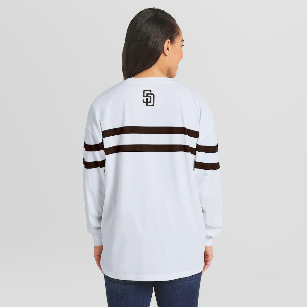 San Diego Padres WEAR by Erin Andrews Women's Oversized Long Sleeve Striped T-Shirt | MLB Outlet